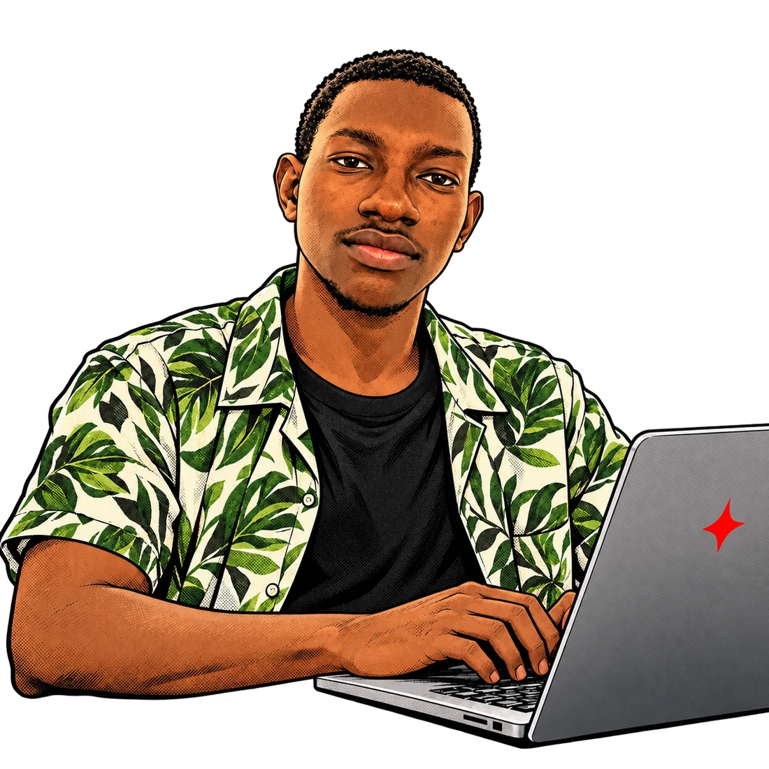 Comic portrait of Folafunmi in his leaf-pattern shirt, working at a laptop